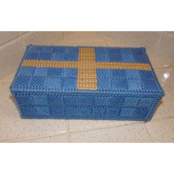 Vintage Blue Plastic Canvas Coaster Set 8 with Holder needlepoint handmade retro - Picture 5 of 10